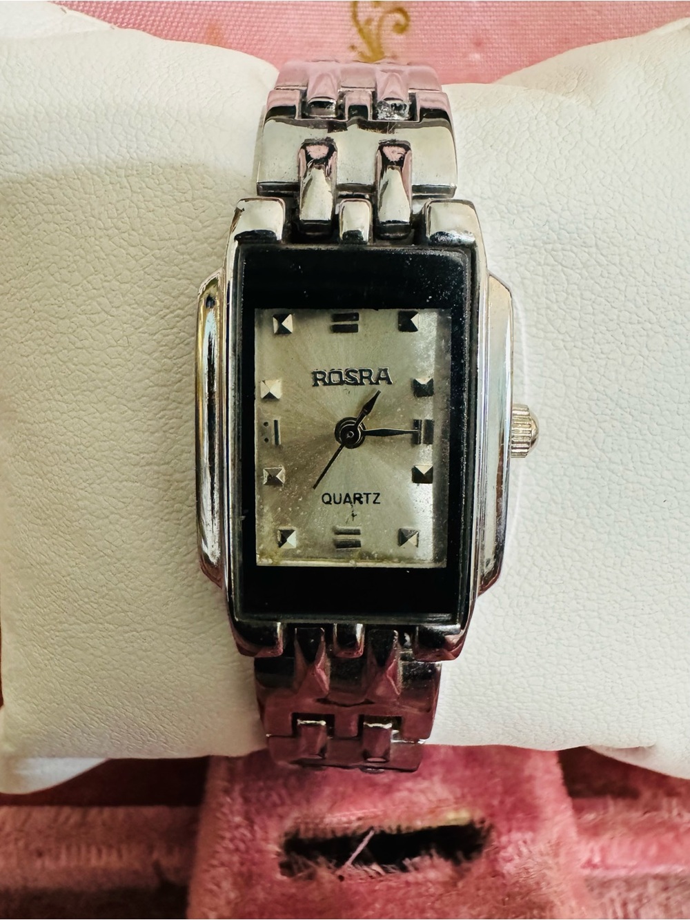 Vintage ROSRA Silver-Tone Rectangular Quartz Watch - Silver Dial